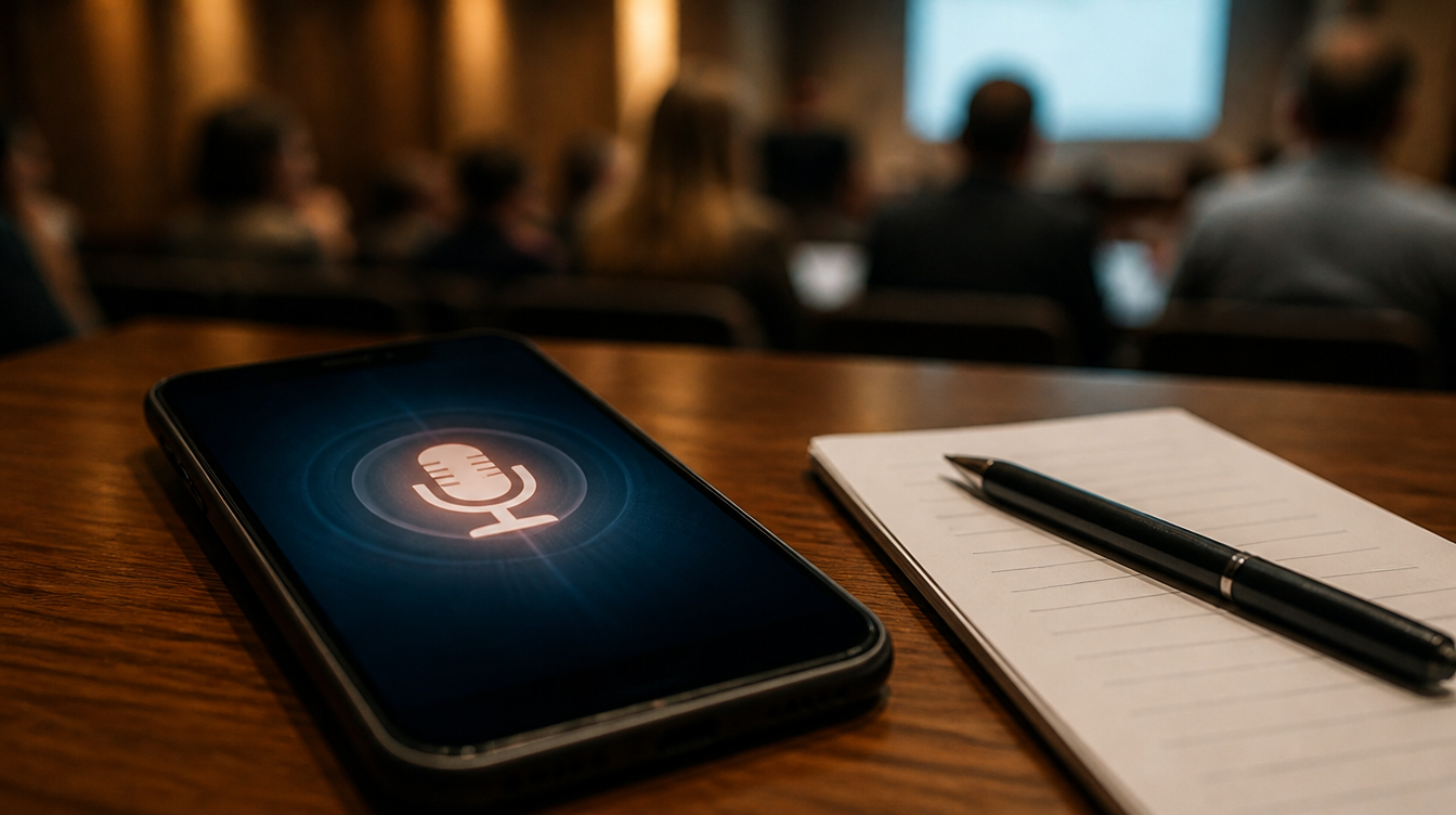 Smartphone liegt auf einem Seminartisch neben Block und Stift, bereit für eine Gemini-Aufnahme der Vorlesung