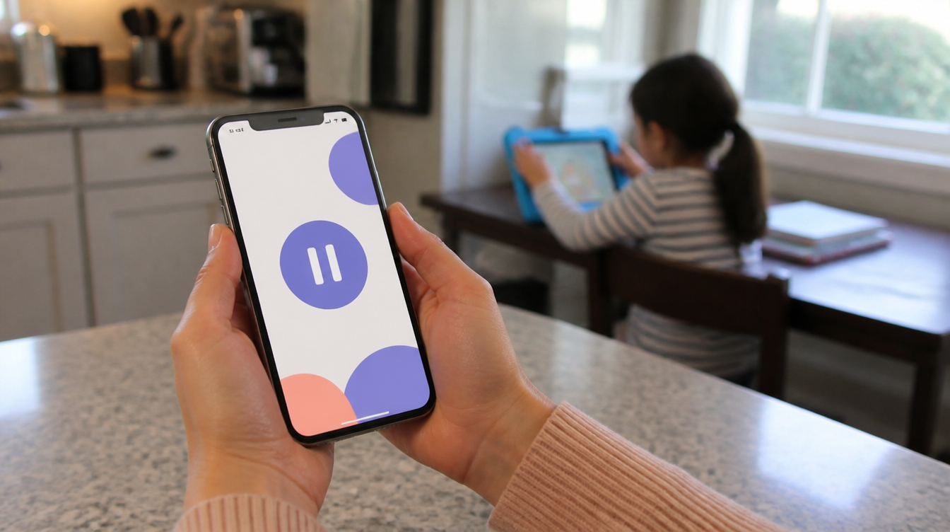 Kids: Eltern pausieren das Kinder-Tablet per Smartphone, im Hintergrund liegen die Hausaufgaben