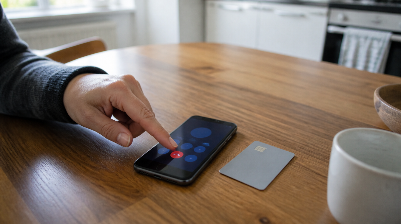 Phishing: Hand legt auf dem Smartphone auf, daneben liegt eine Bankkarte auf dem Küchentisch