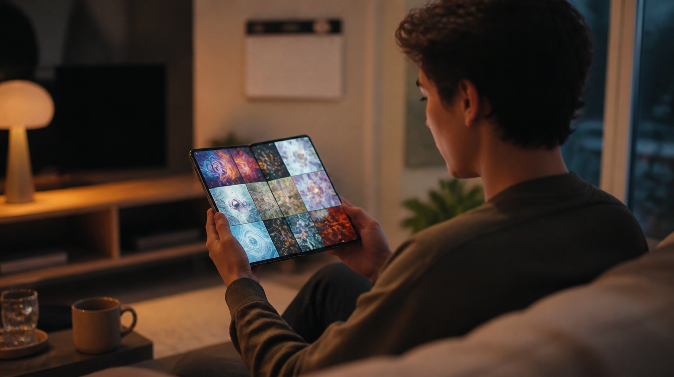 iPhone mit großem Faltdisplay abends im Wohnzimmer in der Hand