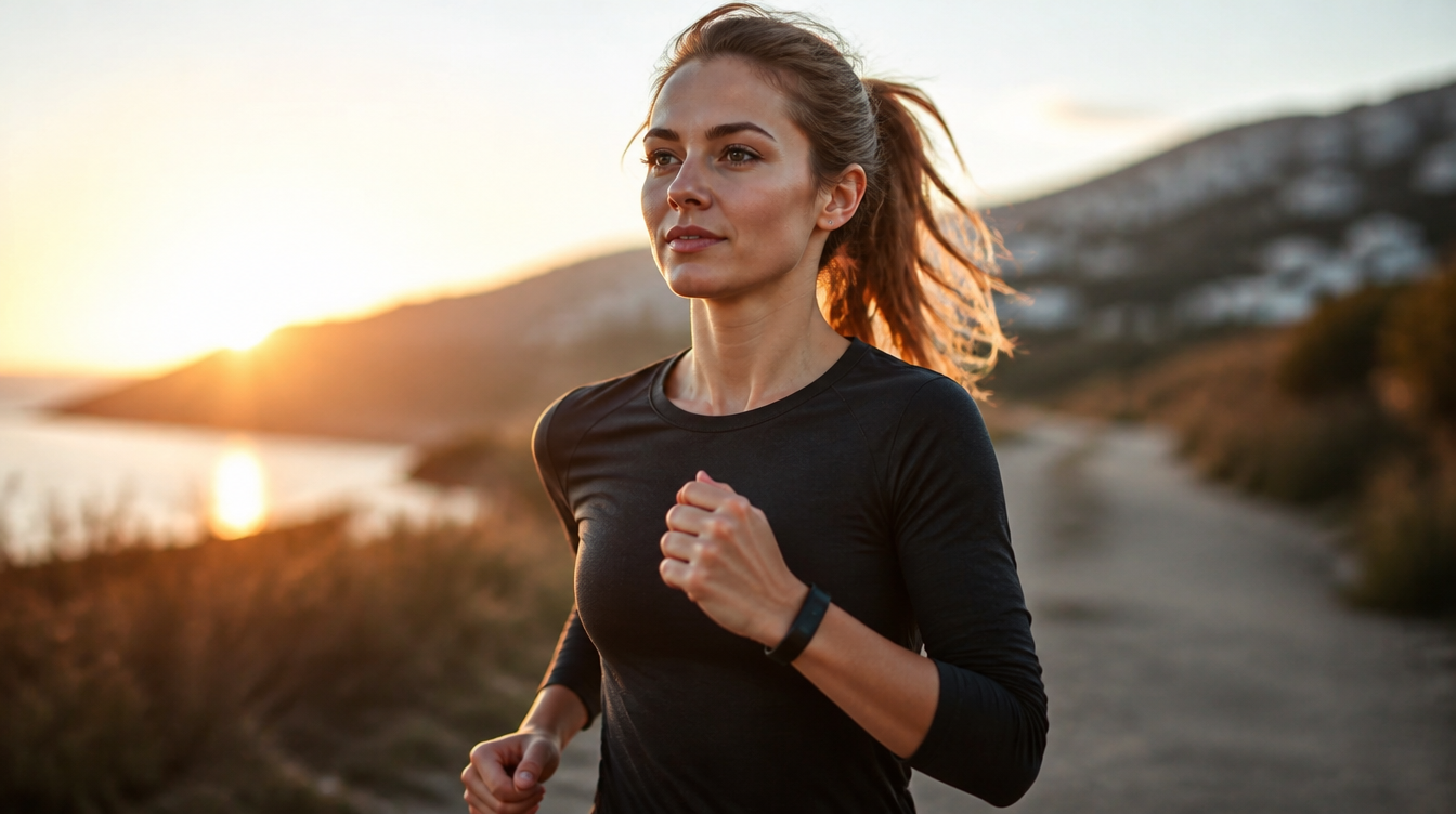 Fitbit Edge am Handgelenk beim Joggen im Morgenlicht