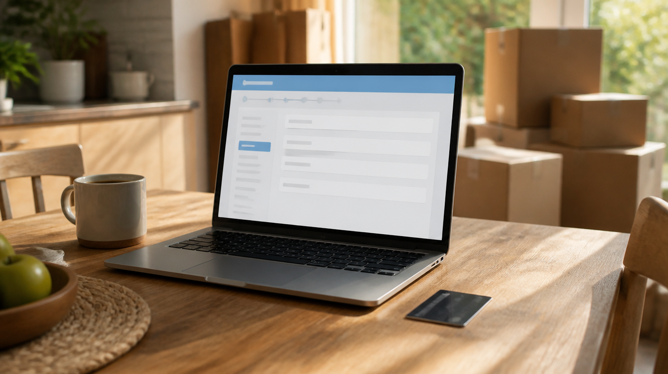 Amt: Laptop mit Online-Antrag der Verwaltung auf dem Küchentisch neben Umzugskartons