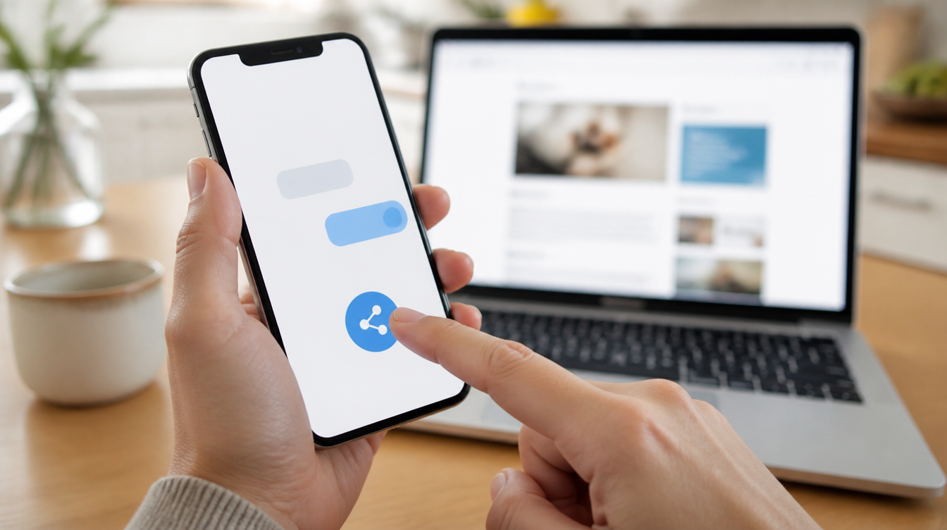 WhatsApp-Anruflink teilen: Smartphone mit Link-Schaltfläche, dahinter Laptop mit Browser