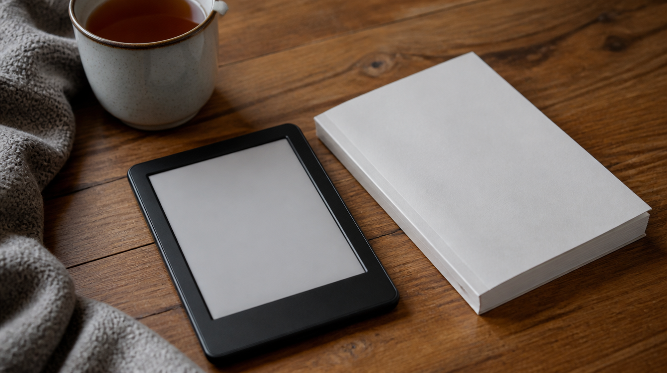 E-Reader für E-Books und ein gedrucktes Buch nebeneinander auf einem Holztisch