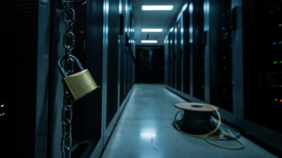 Backdoor-Symbolbild: ein geöffnetes Vorhängeschloss an einer Kette vor einem Serverschrank im kalten blauen Licht