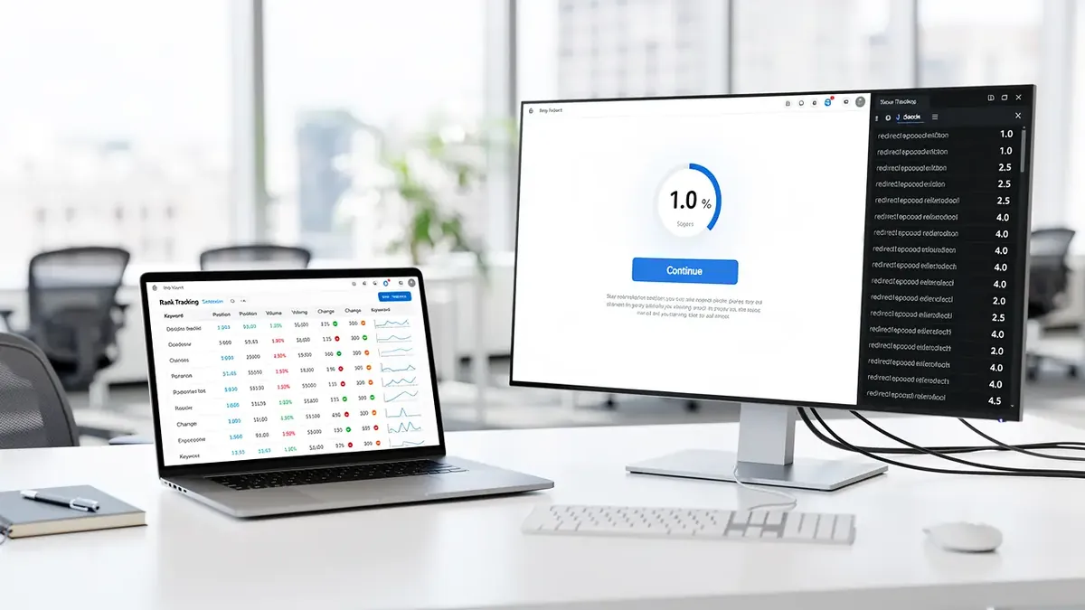 Goto-Zwischenseite mit Continue-Schaltfläche neben einer SERP-API-Antwort auf einem Büromonitor