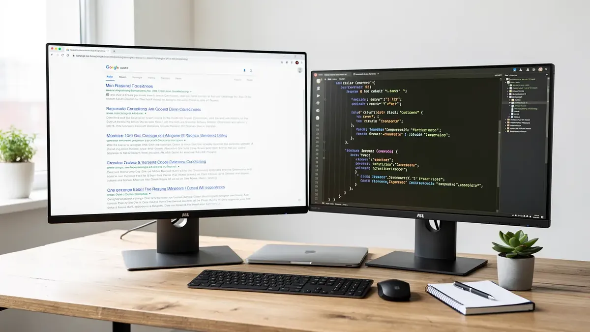 Goto-Weiterleitungen: Google-Ergebnisseite und SERP-API-Antwort auf zwei Monitoren im Büro