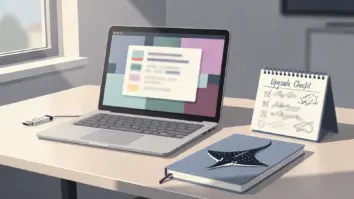 Schreibtisch mit Laptop, USB-Installationsstick und handgeschriebener Upgrade-Checkliste für den Wechsel auf Ubuntu 26.10