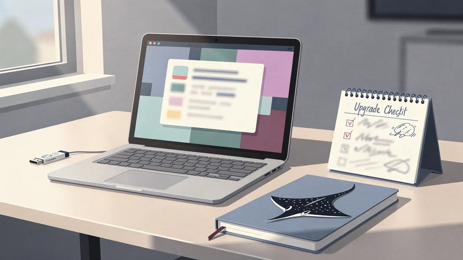 Schreibtisch mit Laptop, USB-Installationsstick und handgeschriebener Upgrade-Checkliste für den Wechsel auf Ubuntu 26.10