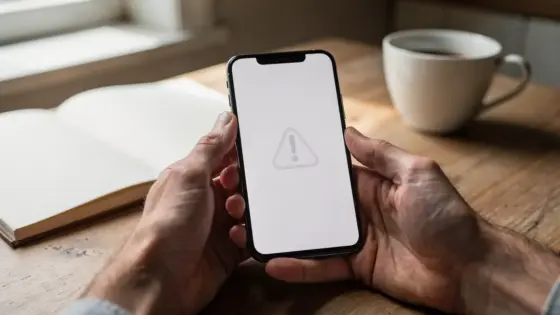 Hände halten ein Android-Smartphone am Küchentisch, auf dem Display erscheint ein abstraktes Warnsymbol, daneben Kaffeetasse und Notizblock.
