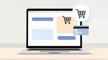 Illustration eines Laptops mit abstraktem Online-Shop-Checkout, über dem ein KI-Assistent-Symbol neben Warenkorb und Zahlungskarte schwebt