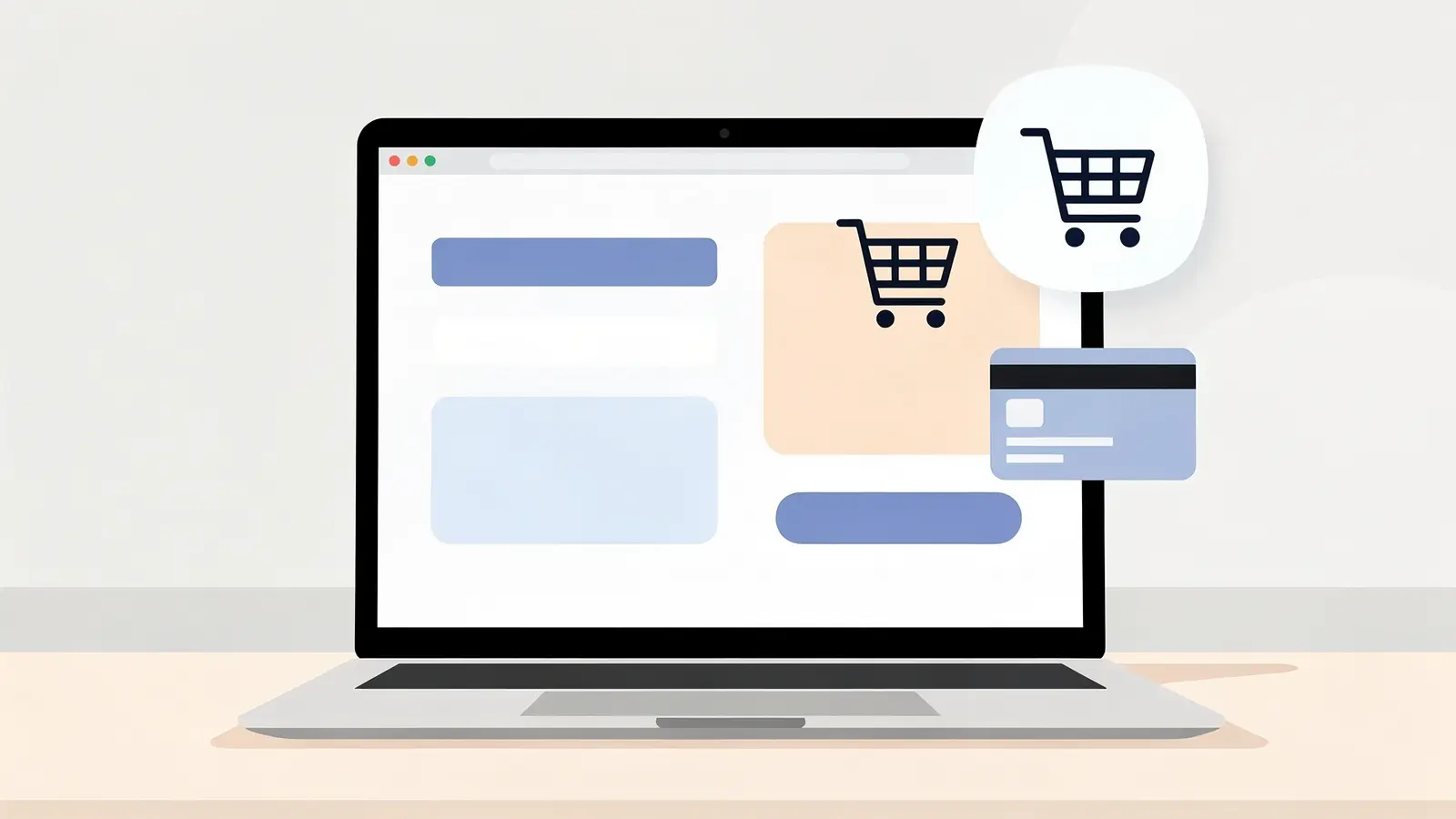 Illustration eines Laptops mit abstraktem Online-Shop-Checkout, über dem ein KI-Assistent-Symbol neben Warenkorb und Zahlungskarte schwebt