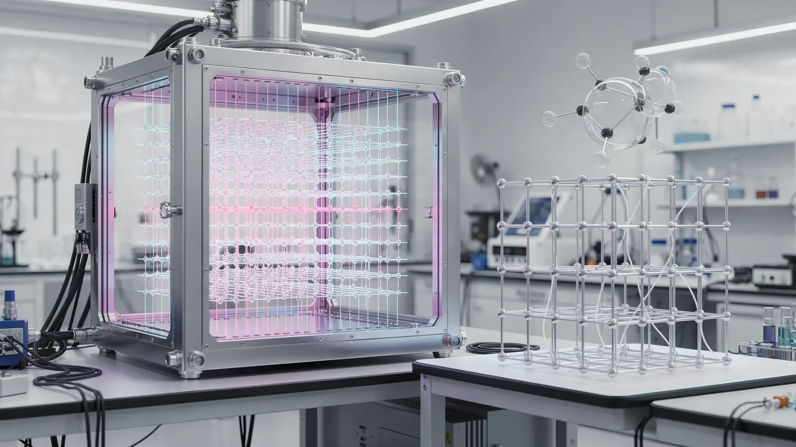 Illustration eines Neutralatom-Quantencomputers mit Vakuumkammer, per Laser gehaltenen leuchtenden Atomen und abstrakten Molekül- und Magnetgittermodellen in einem Labor