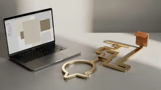 Entwicklerschreibtisch mit Laptop und drei Pfaden aus Holz und Messing, die Chat, mehrstufige Agentenarbeit und einen Pull Request symbolisieren