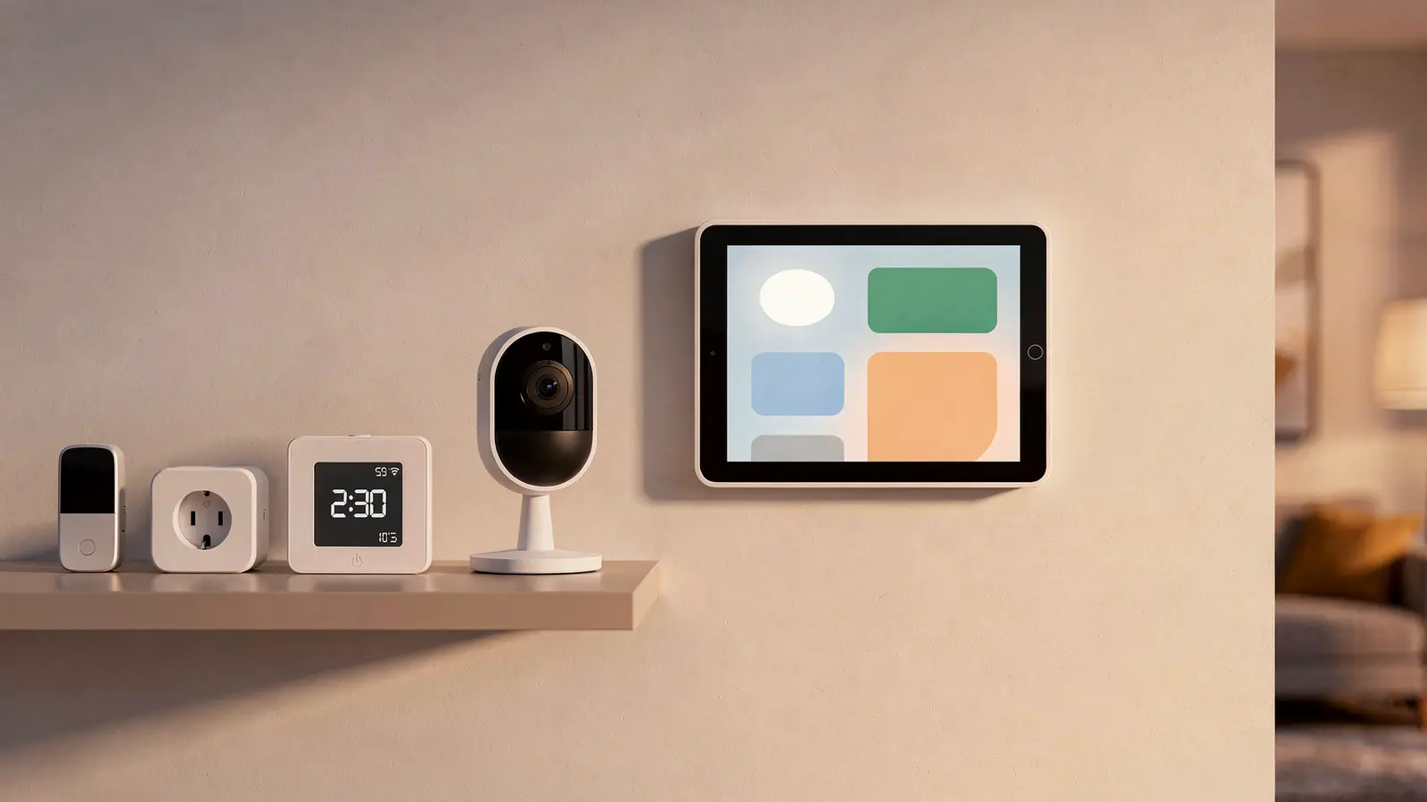 Illustration eines Smart-Home-Displays an der Wohnzimmerwand neben einem Regal mit Thermostat, smarter Steckdose und Kamera im Abendlicht