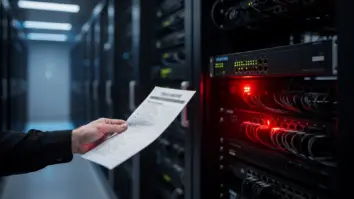 Dunkler Serverraum mit einer Firewall im Rack, daneben eine Hand mit einer Checkliste und ein rotes Warnleuchten an einem Gerät