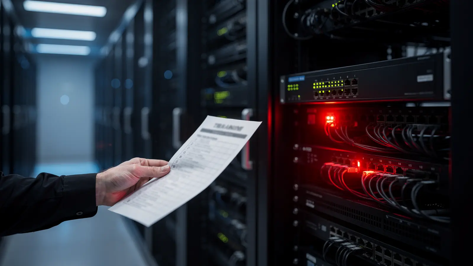 Dunkler Serverraum mit einer Firewall im Rack, daneben eine Hand mit einer Checkliste und ein rotes Warnleuchten an einem Gerät