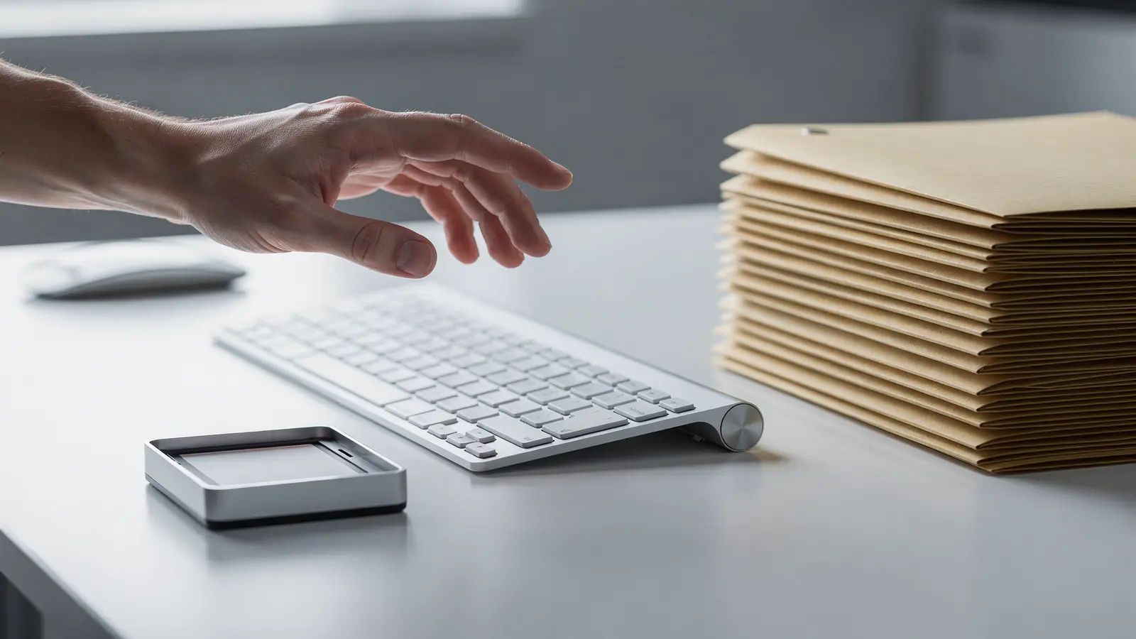 Schreibtisch mit Hand über der Tastatur, leerer Stempelablage und gestapelten Ordnern als Sinnbild für delegierte Arbeit, die auf menschliche Freigabe wartet