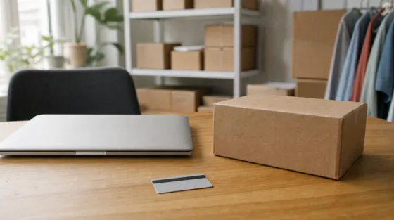 Prime: Versandtisch mit Paket, geschlossenem Laptop und verdeckter Karte