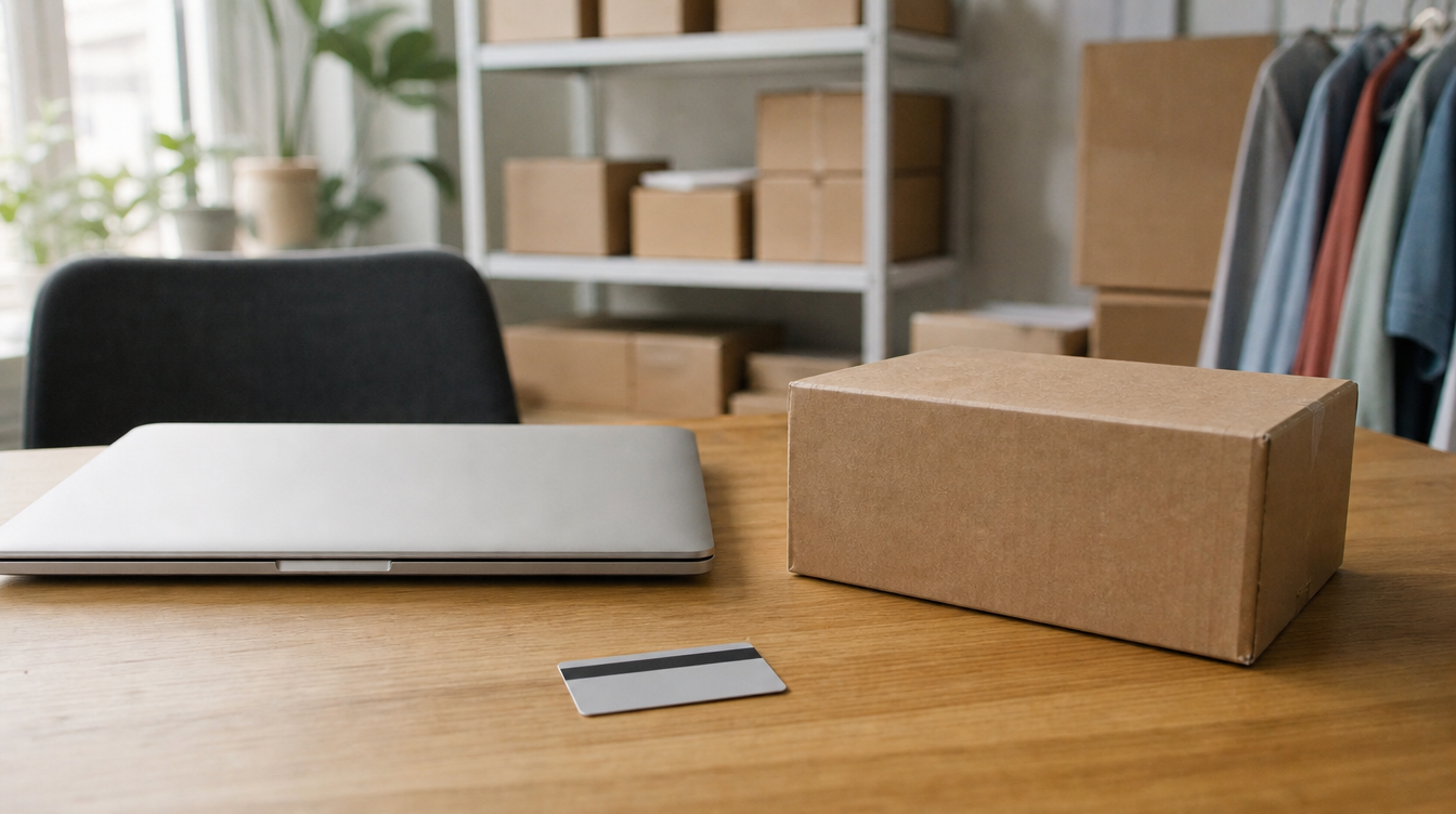 Prime: Versandtisch mit Paket, geschlossenem Laptop und verdeckter Karte