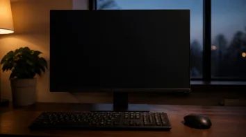 Copilot: Schreibtisch mit Maus, Tastatur und abgewandtem dunklem Monitor