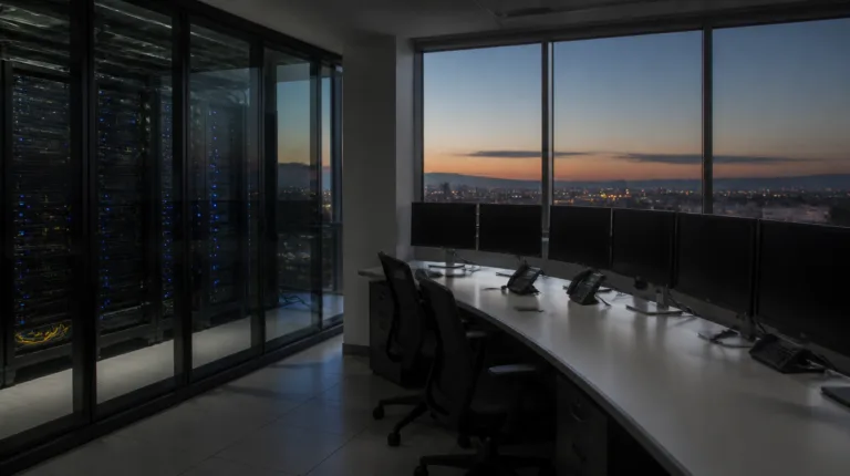 KEV: Mail-Rack hinter Glas und leerer Operationstisch, Monitore aus
