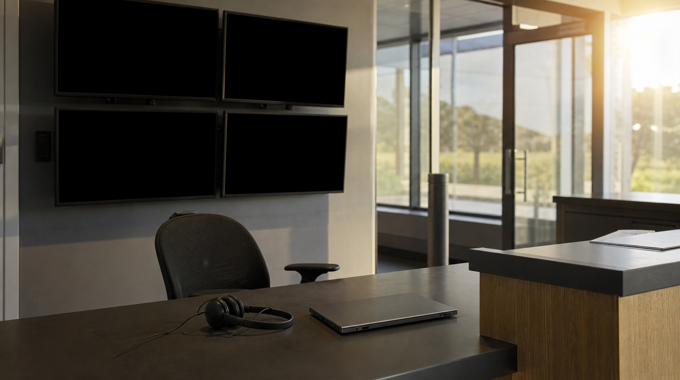 Sentry: Leerer Security-Schreibtisch mit Headset und geschlossenem Laptop