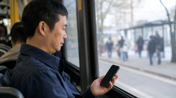 Gemini: Pendler im Bus mit dunklem Smartphone-Display