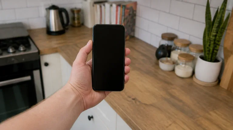 Gemini: Smartphone-Kamera auf eine Küchenzeile gerichtet, Display abgewandt und dunkel