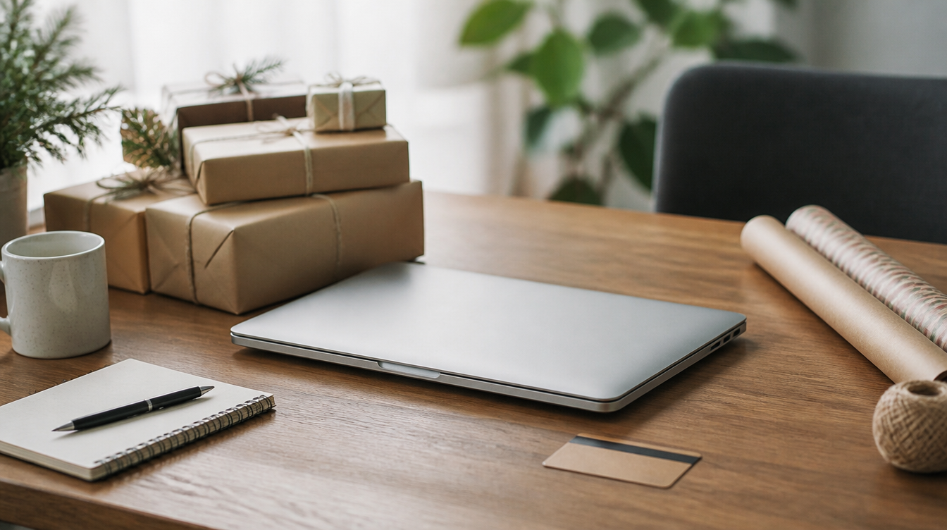 Shopping: Geschenktisch mit Paketen, geschlossenem Laptop und verdeckter Karte