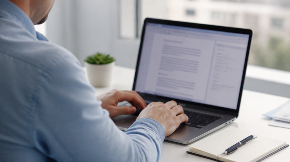 Claude in Google Docs: Person bearbeitet am Laptop ein Dokument an einem hellen Schreibtisch
