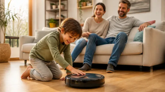 Haushaltsroboter in der Familie: Junge streichelt einen Saugroboter im Wohnzimmer, Eltern lachen auf dem Sofa