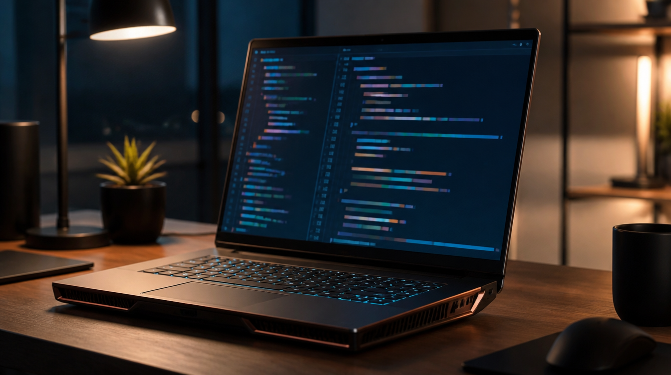 Aufgeklapptes Notebook mit Code auf dem Display als Symbol für ein RTX Spark Notebook mit lokalem Coding-Agenten
