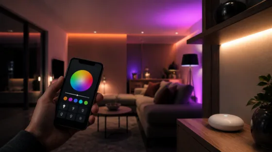 Hue: Wohnzimmer mit farbiger Smart-Home-Beleuchtung und Smartphone