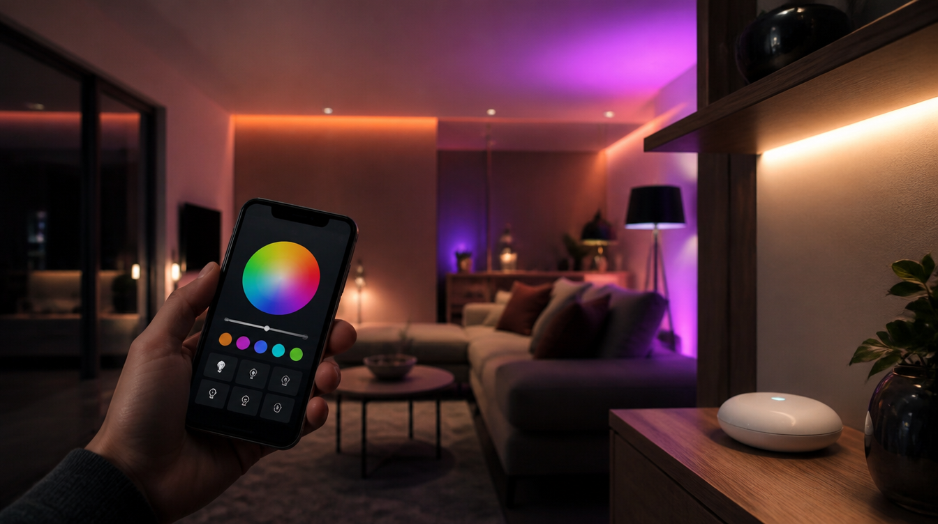Hue: Wohnzimmer mit farbiger Smart-Home-Beleuchtung und Smartphone