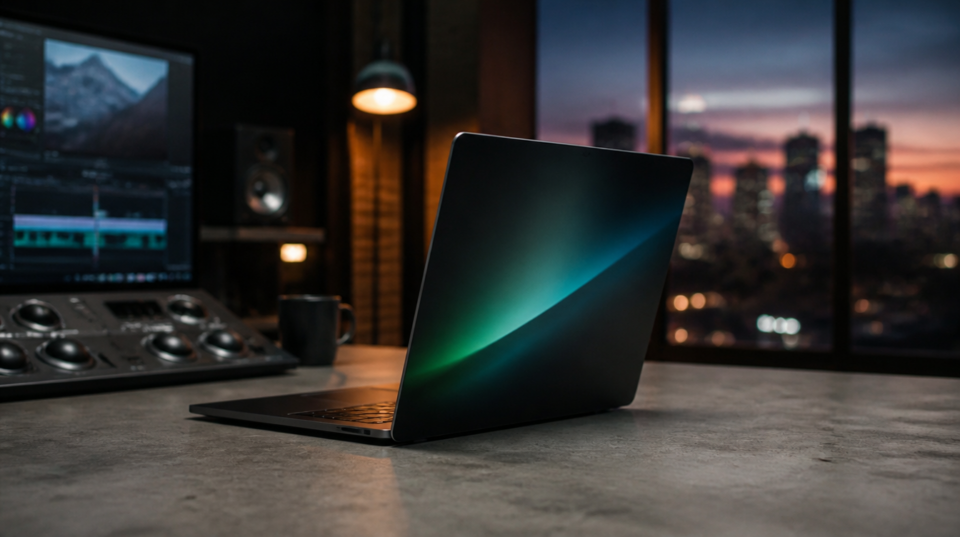 Symbolbild zum Surface Laptop Ultra: dunkles Notebook ohne Markenzeichen in einem Schnittstudio in der Abenddämmerung