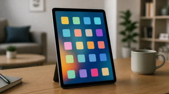 Alexa: Schlankes Tablet ohne Markenzeichen mit bunten App-Kacheln auf einem Holztisch