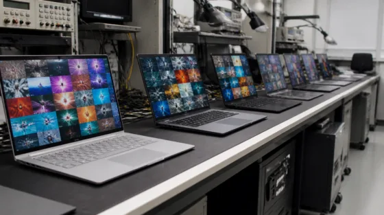 Warentest: Mehrere Laptops ohne Markenzeichen stehen nebeneinander auf einem Prüftisch im Testlabor