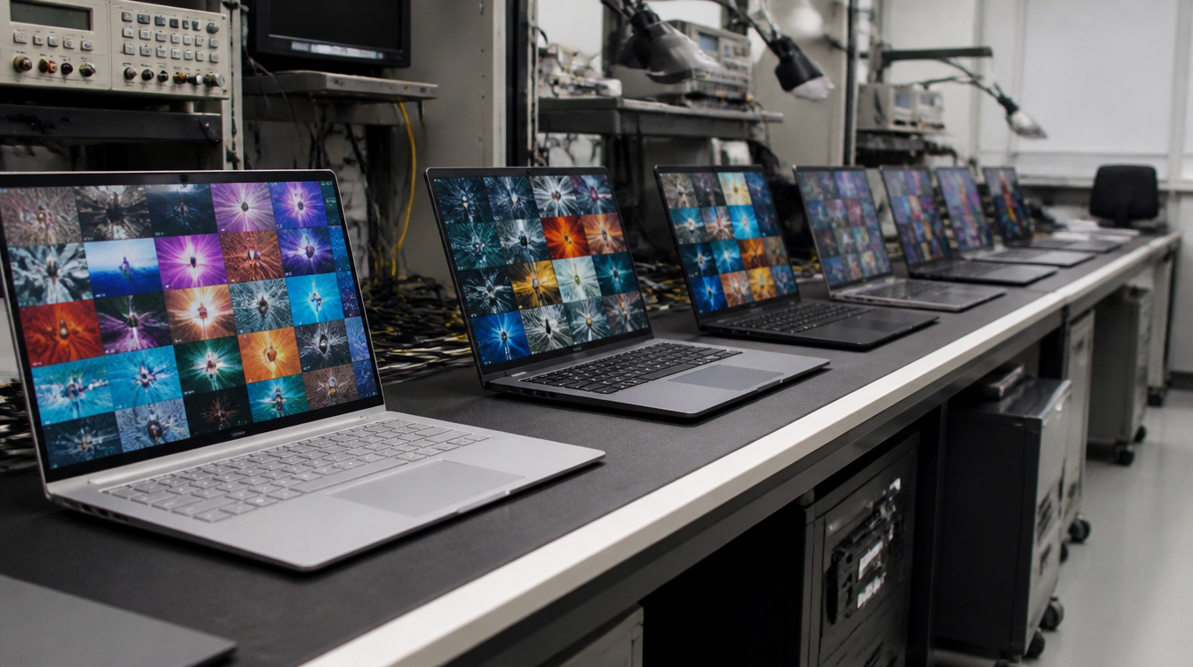 Warentest: Mehrere Laptops ohne Markenzeichen stehen nebeneinander auf einem Prüftisch im Testlabor