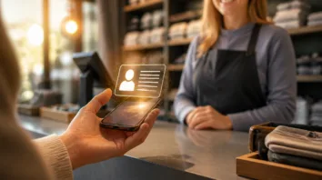 Poppy als digitaler Ausweis: Smartphone mit schwebender Ausweiskarte vor einer Ladentheke