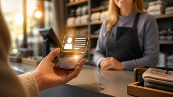 Poppy als digitaler Ausweis: Smartphone mit schwebender Ausweiskarte vor einer Ladentheke