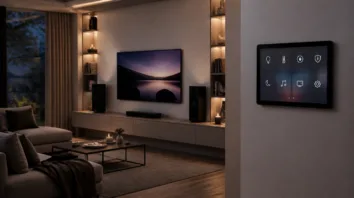 Smart-Home-Display an der Wohnzimmerwand als Sinnbild für Apples HomeView, daneben Fernseher und Lautsprecher
