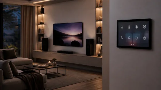 Smart-Home-Display an der Wohnzimmerwand als Sinnbild für Apples HomeView, daneben Fernseher und Lautsprecher