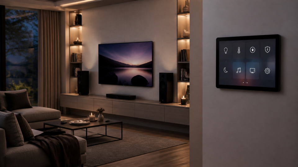 Smart-Home-Display an der Wohnzimmerwand als Sinnbild für Apples HomeView, daneben Fernseher und Lautsprecher