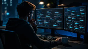 Entwickler vor Monitoren mit vielen parallelen Codex-Agenten-Fenstern bei Nacht