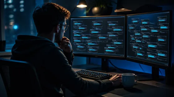Entwickler vor Monitoren mit vielen parallelen Codex-Agenten-Fenstern bei Nacht