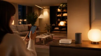 Matter im Smart Home: Wohnzimmer mit warmem Licht, Bridge und Lautsprecher auf dem Sideboard