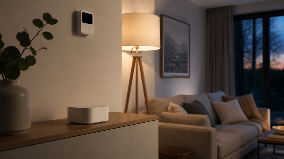 SmartThings im Alltag: helles Wohnzimmer mit Stehlampe, Thermostat und kleinem Hub auf dem Sideboard