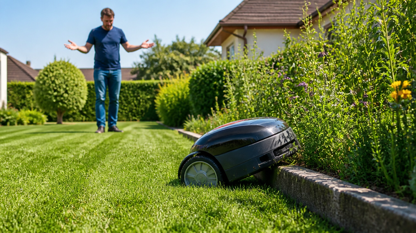 Haushaltsroboter mit Aussetzer: Mähroboter steckt am Beetrand fest, Besitzer hebt ratlos die Arme