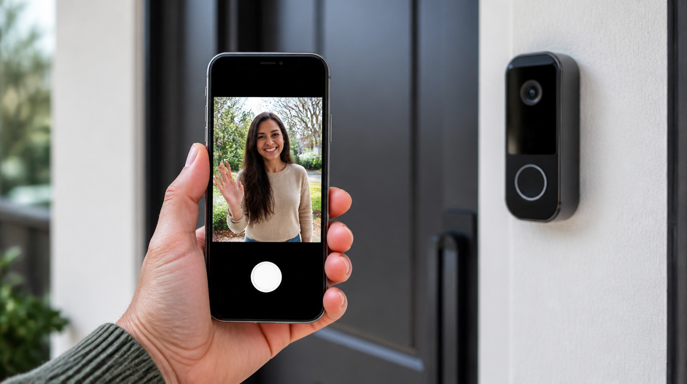Smartphone mit Kamerabild und Sprechtaste, daneben eine Türklingel, als Sinnbild für Matter-Kameras in Home Assistant